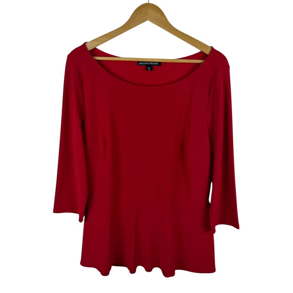 Boston Proper Red Peplum Top Large Stretch Knit Classic Holiday Quiet Luxury